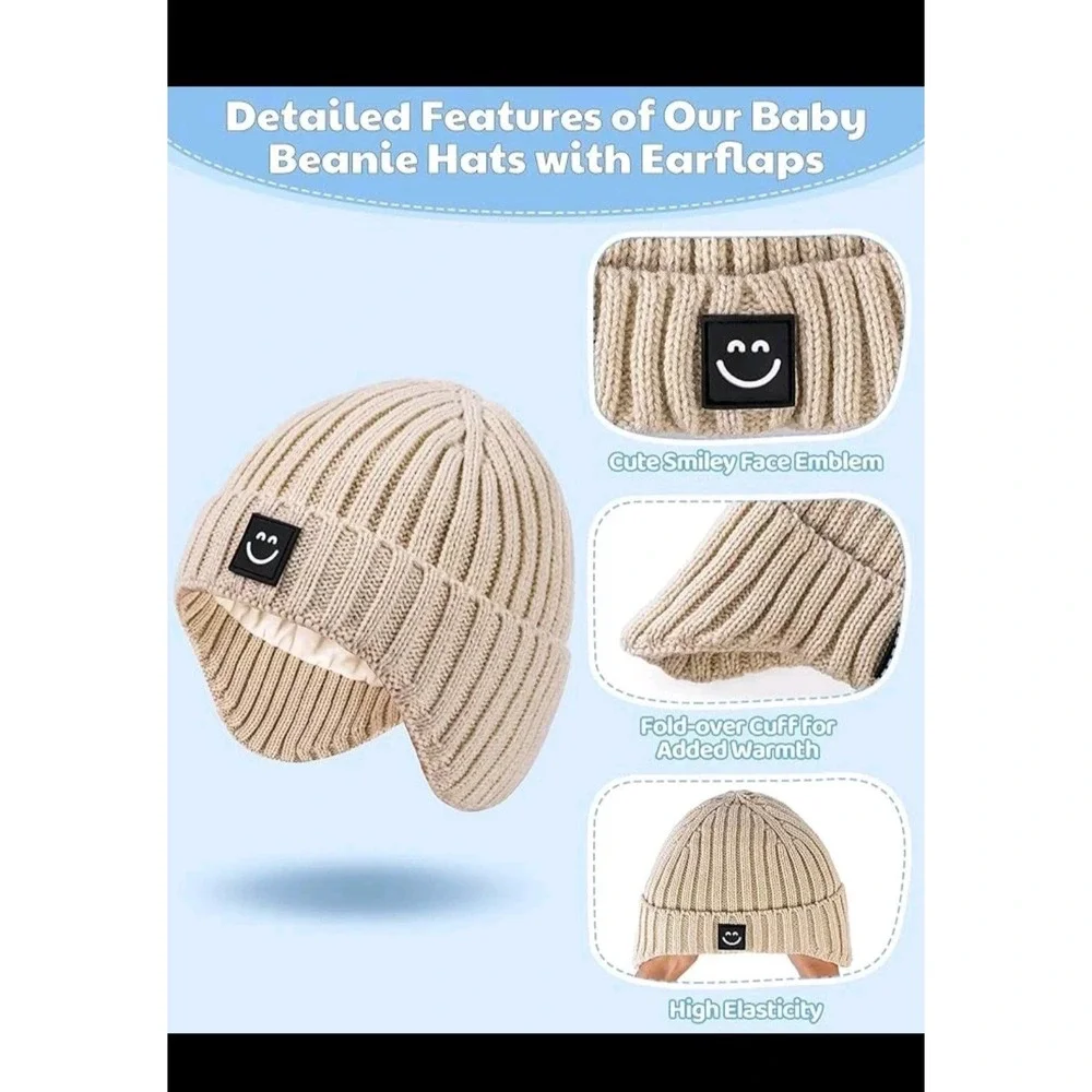 Alepo Baby Beanie Hats with Earflaps 3 Pack Fleece Lined Winter Hat for Toddlers